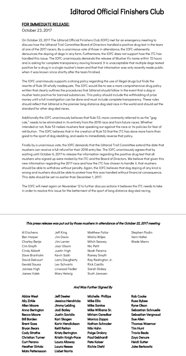 Iditarod Official Finishers Club Press Release
