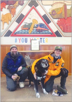 Ranger Matt Anfinson, Canine Ranger Cupcake and Ranger David Tomeo visit Nenana City School, Monday. KRIS CAPPS/NEWS-MINER Ranger Matt Anfinson, Canine Ranger Cupcake and Ranger David Tomeo visit Nenana City School, Monday. KRIS CAPPS/NEWS-MINER