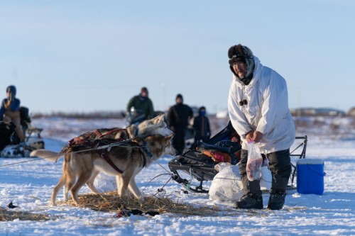 Fr. Alexander Larson brings snacks to his team at the Bethel midway checkpoint during the Kuskokwim 300 Sled Dog Race on February 13, 2021. Larson placed fourth in the race, and won both the Rookie of the Year Award and the Joe Demantle Jr. and Robert Ivan Award. CREDIT KATIE BASILE / KYUK