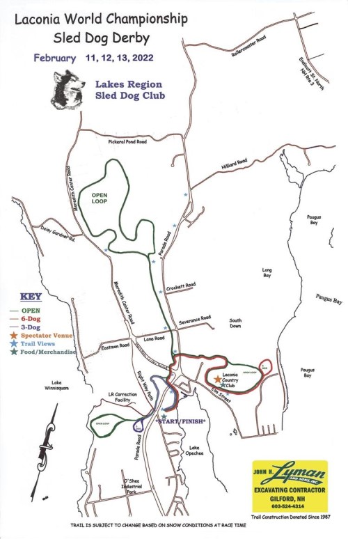 This map shows the planned routes for the Laconia World Championship Sled Dog Derby, happening Friday, Feb. 11 through Sunday, Feb. 13. (Courtesy image)
