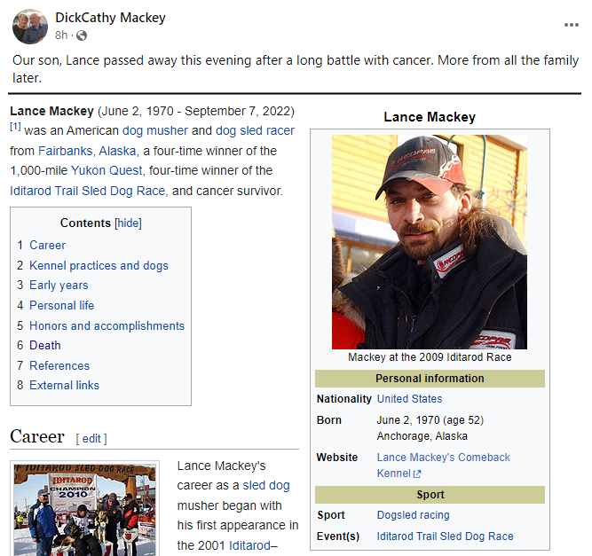 "Our son, Lance passed away this evening after a long battle with cancer. More from all the family later."