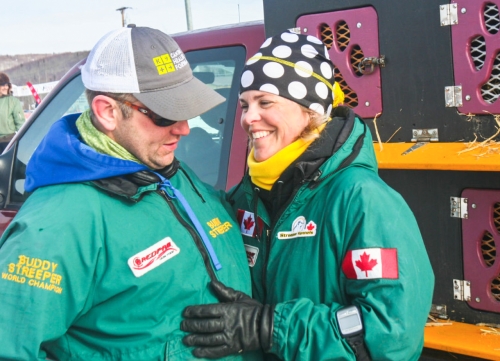 Husband and wife duo Buddy and Lina Streeper celebrate after placing first and second, respectively, in the 2018 CGI Open North American Championship Sled Dog Race on March 18. Photo By FAIRBANKS DAILY NEWS-MINER