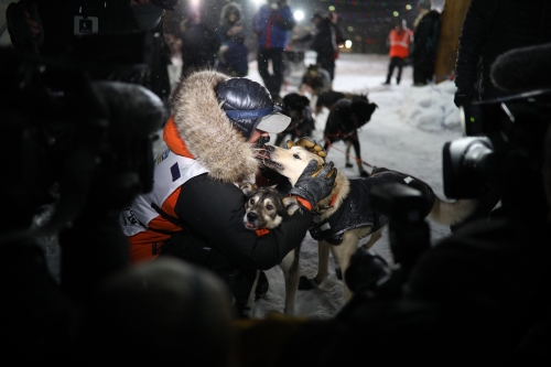 Peter Kaiser pets one of his dogs after he won the 2019 Iditarod Trail Sled Dog race. (Photo by David Poyzer)