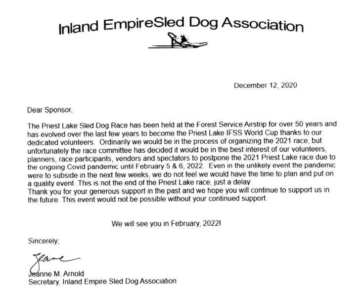 2021 Priest Lake Sled Dog Race and IFSS World Cup, February 6/7, 2021  POSTPONED UNTIL 2022