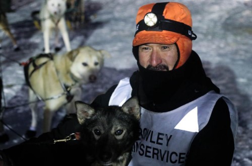 Napaskiak musher Jackie Larson celebrates his 2021 Akiak Dash win in Bethel Alaska on February 13, 2021. CREDIT GABBY HIESTAND-SALGADO / KYUK