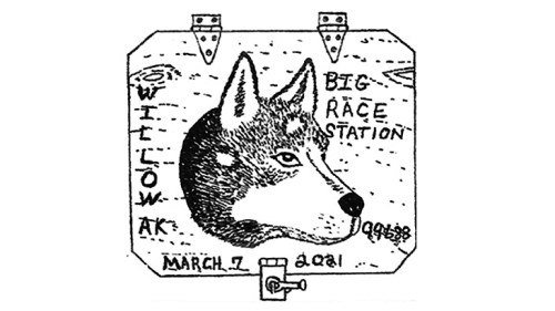 This postmark for the 2021 Iditarod is canceled from the modified race start and finish location of Willow, Alaska.